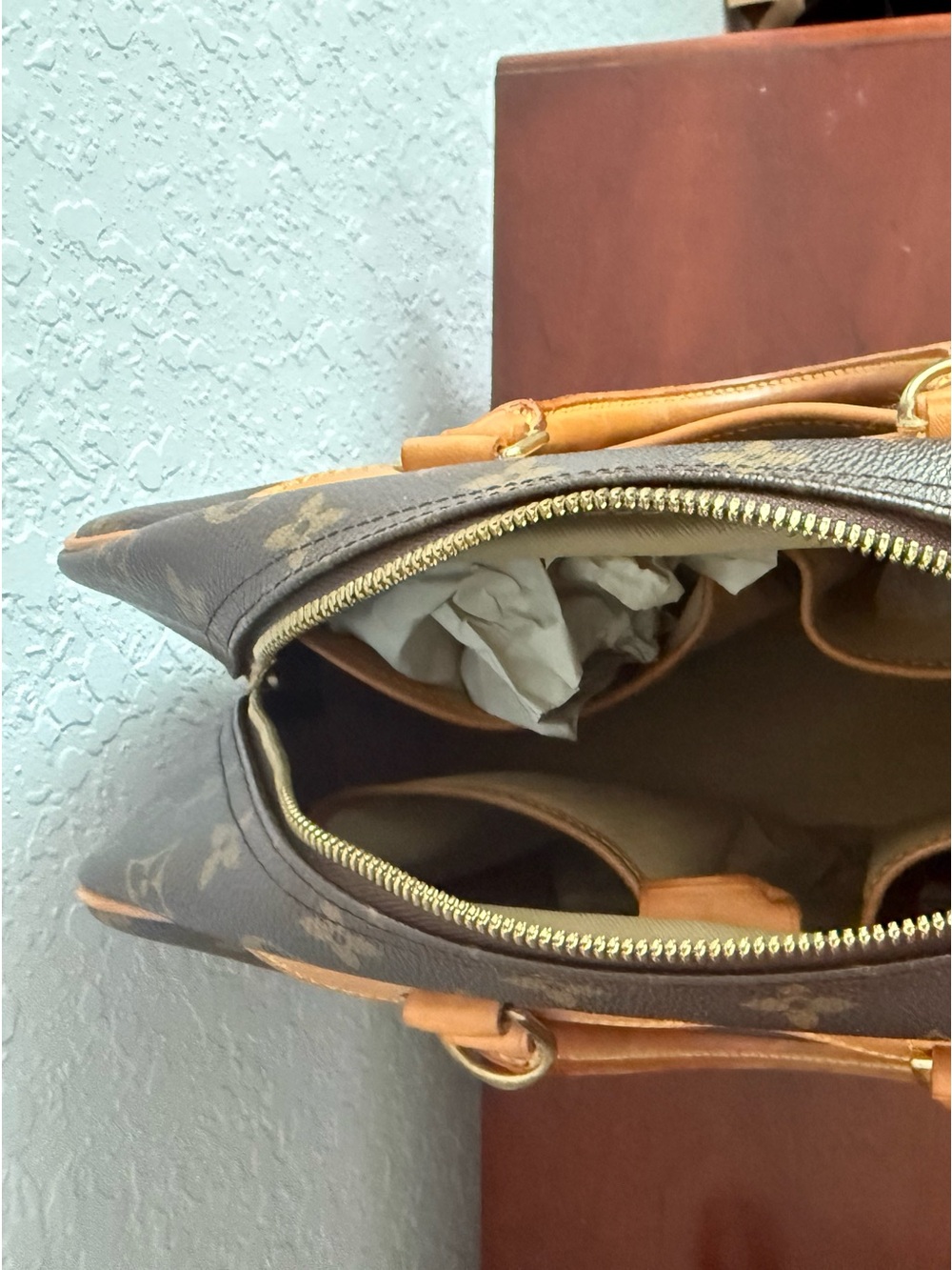 Brown Monogram-Pattern Shoulder Bag with Tan Trim
